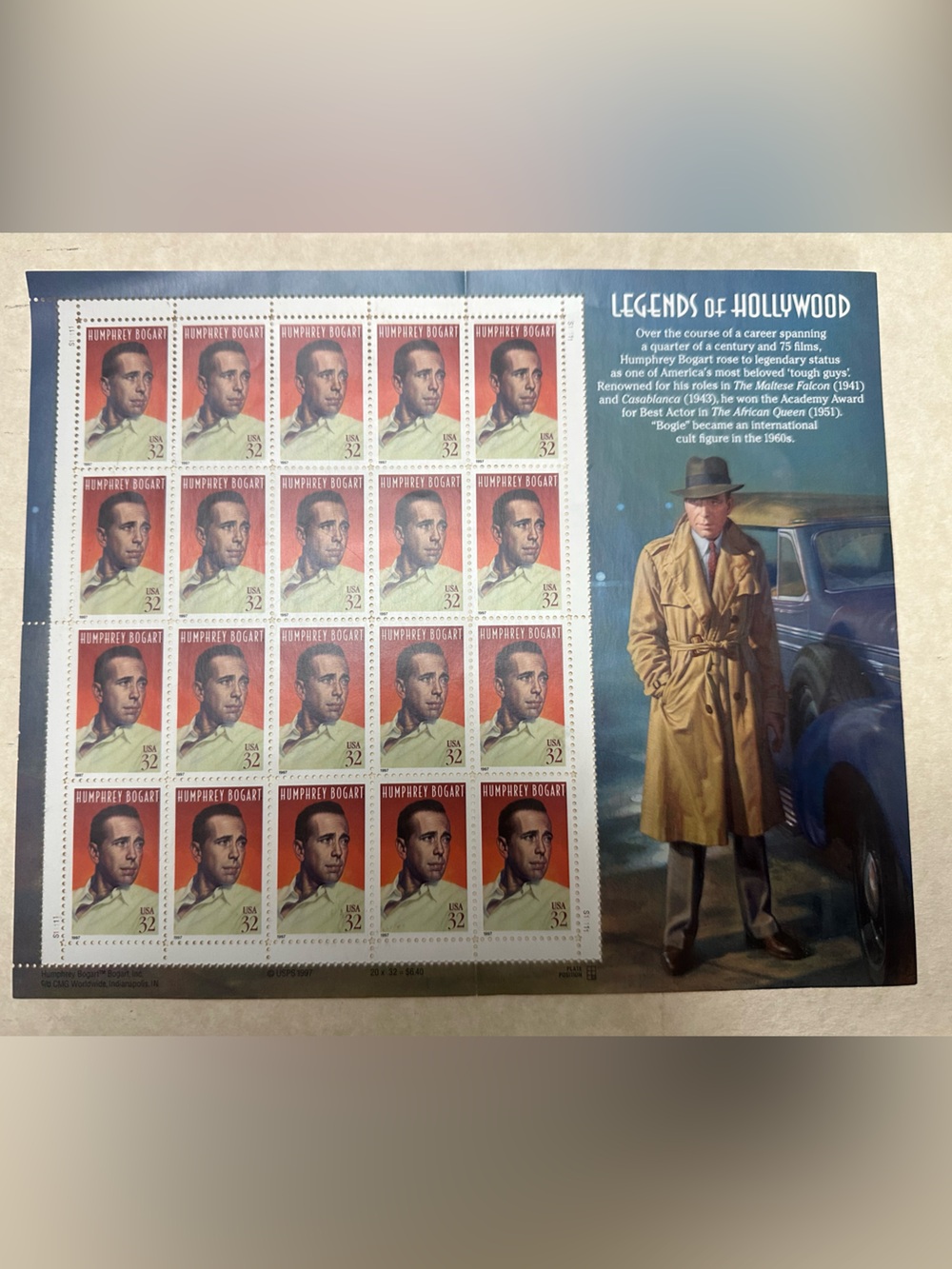 Humphrey Bogart Legends of Hollywood Commemorative Stamp Sheet - Blue/Tan